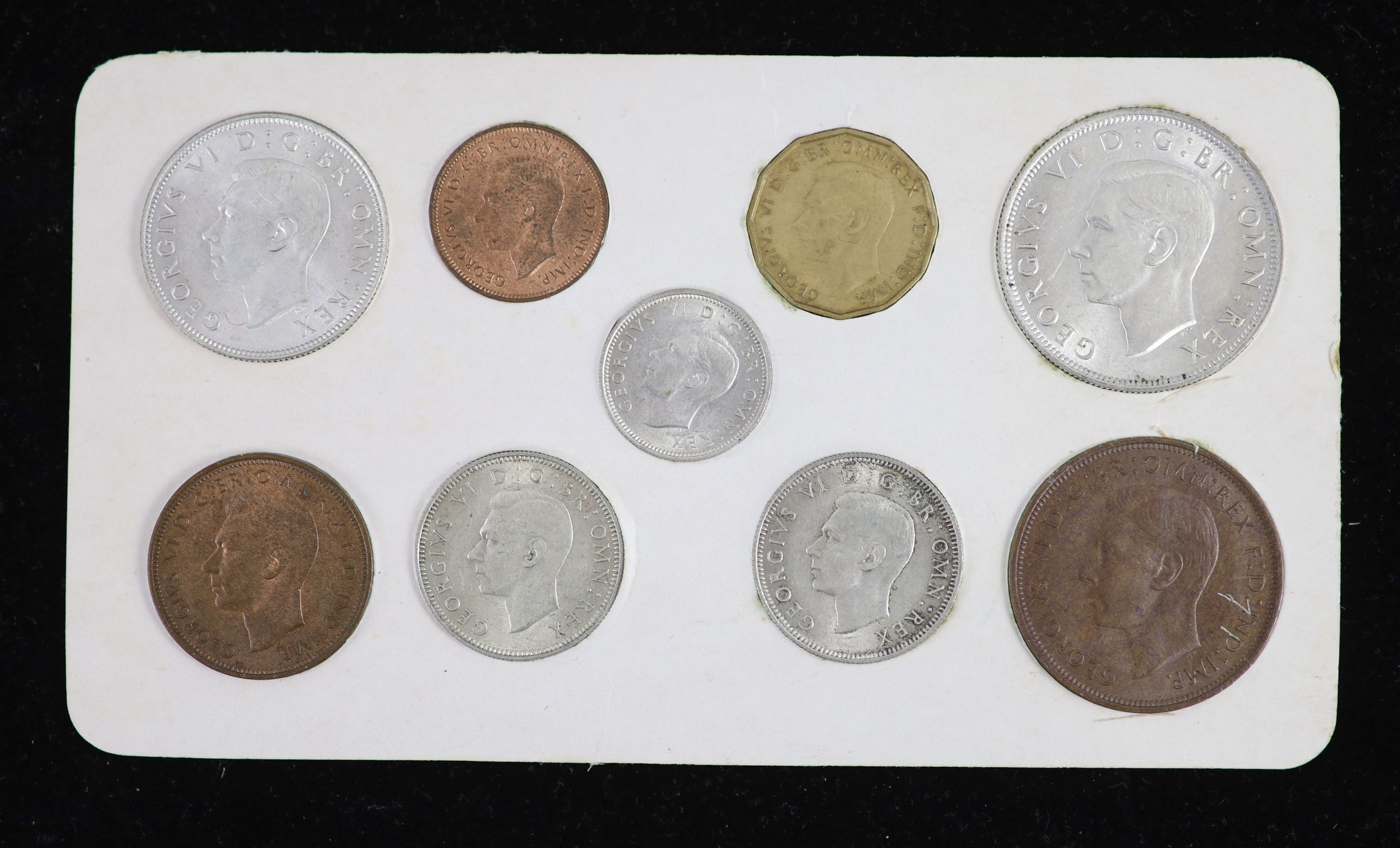 George VI nine coin specimen set for 1946, first issue, including the rare 1946 brass threepence (S4112), about EF, rare in this grade or higher